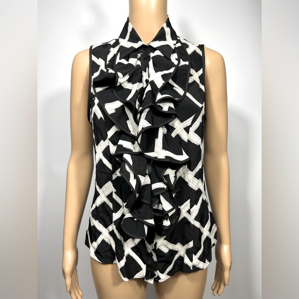 Anne Fontaine Blouse EU40 Black/White Diamond Print Ruffled Button Up BackLaced